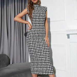 Black White Houndstooth Dress Bodycon Fit Minimalist Business Chic